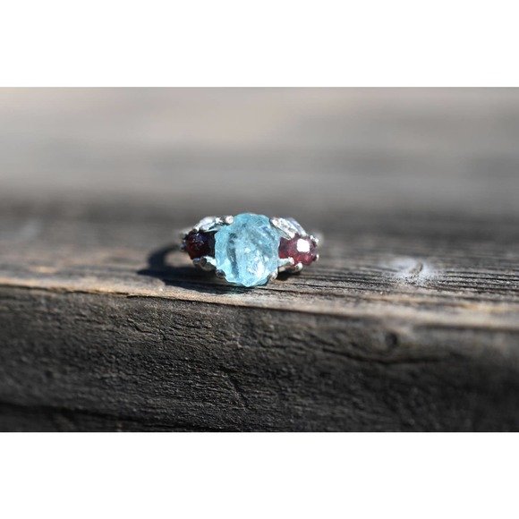 Avello Jewelry - Raw Garnet Engagement Ring, Rough Aquamarine Ring